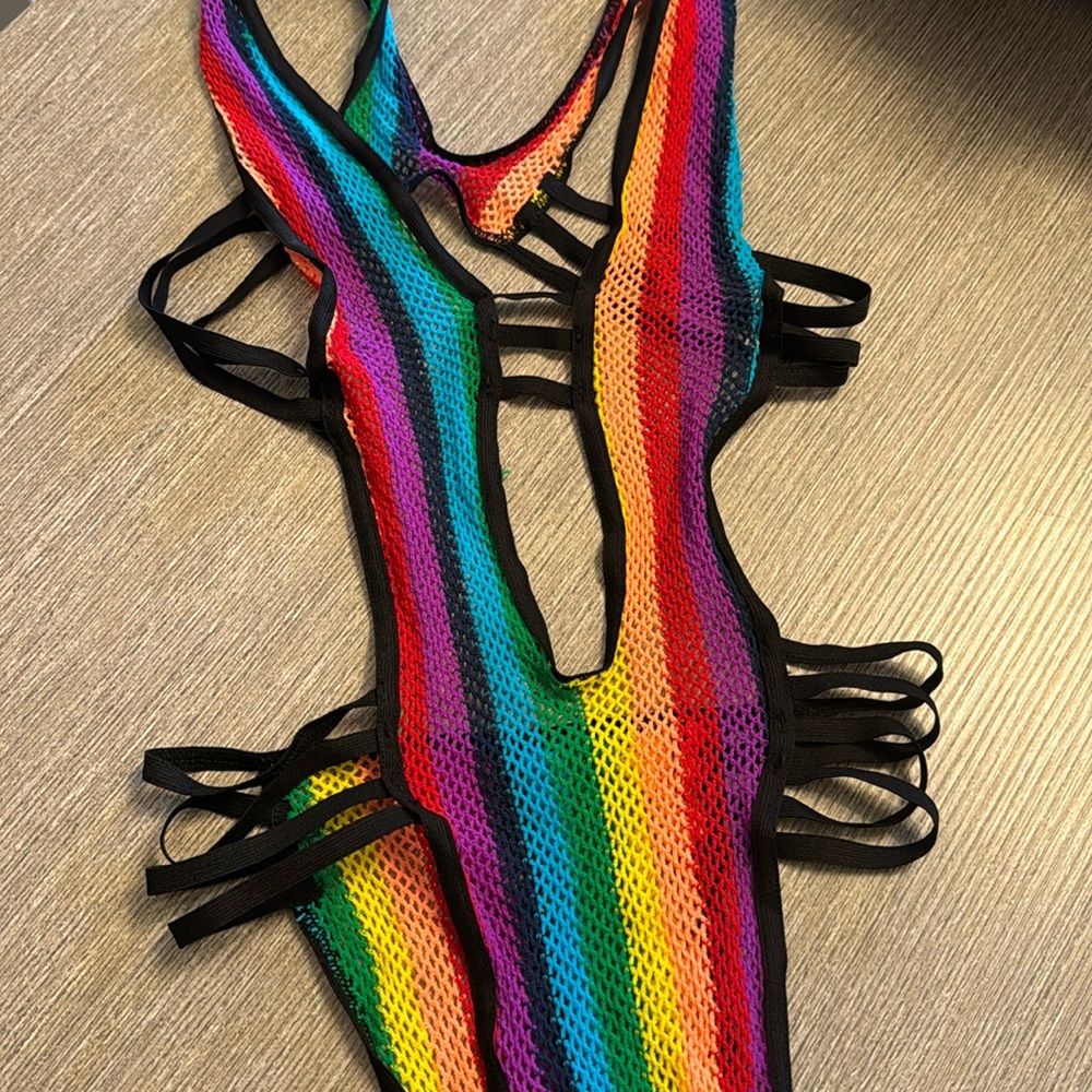 Rainbow fish net bodysuit